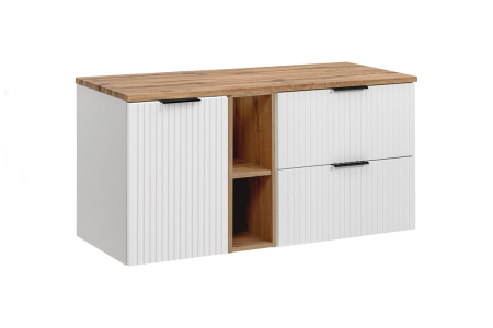 Promotii - Set Mobilier Baie Adel White 140 cm, cu blat, Alb Mat, Stejar Wotan - COMAD