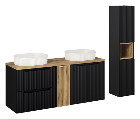 Promotii - Set mobilier 140cm cu blat, două lavoare pe blat Beyond și dulap înalt Nova Black COMAD SET-NOBBOAK140CMUNBEYOND5WHHHC