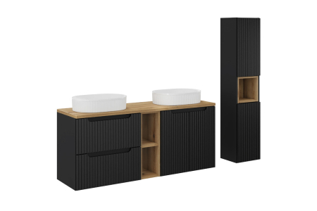Produse - Set mobilier 140cm cu blat, două lavoare pe blat Beyond și dulap înalt Nova Black COMAD SET-NOB B OAK 140CM UN BEYOND WH HC LR