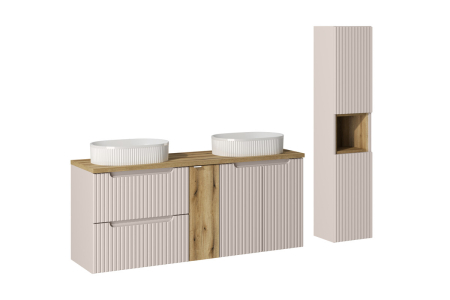 Set mobilier 140cm cu blat, două lavoare pe blat Beyond și dulap înalt Nova Cashmere COMAD SET-NOC B OAK 140CM D/S UN BEYOND 5 WH HC [0]