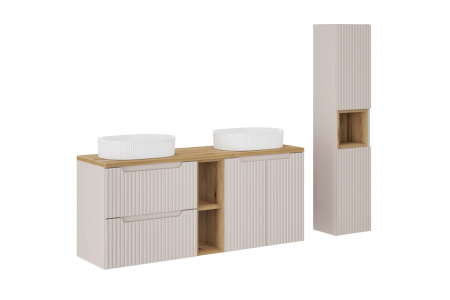 Promotii - Set mobilier 140cm cu blat, două lavoare pe blat Beyond și dulap înalt Nova Cashmere COMAD SET-NOCBOAK140CMUNBEYONDWHHCLR