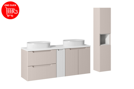 Set Mobilier Baie Nova Cashmere 140 cm, 2 Lavoare pe Blat Beyond, Coloană Înaltă, Alb Mat, Cașmir Mat - COMAD [1]