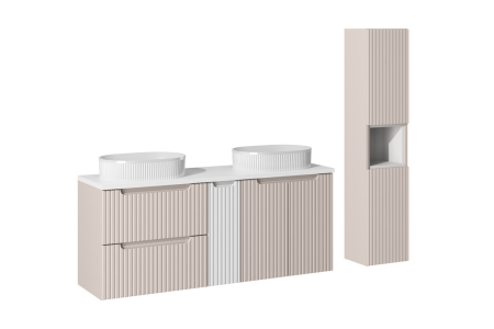 Promotii - Set Mobilier Baie Nova Cashmere 140 cm, 2 Lavoare pe Blat Beyond, Coloană Înaltă, Alb Mat, Cașmir Mat - COMAD