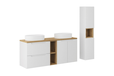 Promotii - Set Mobilier Baie Nova White 140 cm, cu Blat, Lavoare Duble Beyond și Dulap Înalt, Alb Mat - COMAD