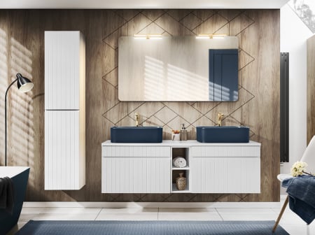Promotii - Set mobilier 140cm cu blat, două lavoare pe blat Kama, dulap înalt și oglindă Iconic White COMAD SET ICW-B 140 CM KAMA A05