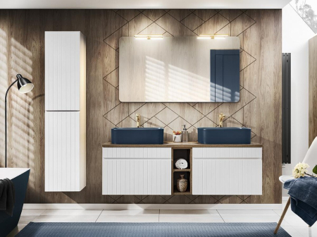 Promotii - Set Mobilier Baie Iconic White 140 cm, cu Blat, 2 Lavoare Kama, Alb Mat, Stejar Santa Fe Vintage - COMAD
