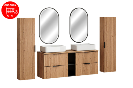 Set Mobilier Baie Adel Oak 140 cm, cu Blat, 2 Lavoare, Coloane Înalte, Oglindă LED, Stejar Wotan - COMAD [1]