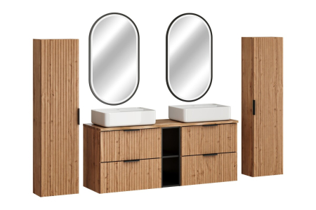 Promotii - Set Mobilier Baie Adel Oak 140 cm, cu Blat, 2 Lavoare, Coloane Înalte, Oglindă LED, Stejar Wotan - COMAD
