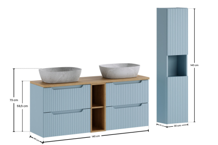 Set Mobilier Baie Nova Denim 140 cm, cu Blat, Lavoar pe Blat, Dulap Înalt, Denim - COMAD [2]