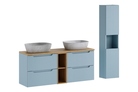 Promotii - Set Mobilier Baie Nova Denim 140 cm, cu Blat, Lavoar pe Blat, Dulap Înalt, Denim - COMAD