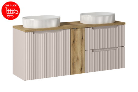 Set Mobilier Baie Nova Cashmere 140 cm, Stejar Coast Evoke, Cașmir Mat, cu Blat și Două Lavoare, Fronturi 3D Texturate - COMAD [1]