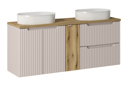Produse - Set Mobilier Baie Nova Cashmere 140 cm, Stejar Coast Evoke, Cașmir Mat, cu Blat și Două Lavoare, Fronturi 3D Texturate - COMAD