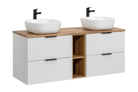 Promotii - Set Mobilier Baie Adel White 140 cm, cu Blat și Două Lavoare pe Blat, Alb Mat, Stejar Wotan - COMAD