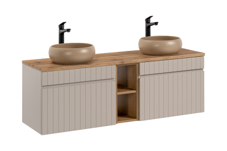 Promotii - Set Mobilier Baie Iconic Cashmere 140 cm, cu Blat, Lavoare, Stejar Coast Evoke, Cașmir Mat - COMAD