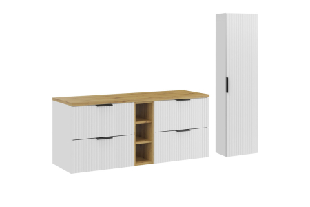 Promotii - Set Mobilier Baie Adel White 140 cm, cu Blat și Coloană Înaltă, Alb Mat, Stejar Artisan - COMAD