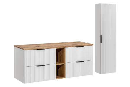 Seturi mobilier baie - Set Mobilier Baie Adel White 140 cm, cu blat și dulap înalt, Alb Mat, Stejar Wotan - COMAD