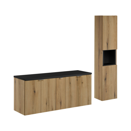 Promotii - Set Mobilier Nova Oak 140 cm, cu Blat și Dulap Înalt, Stejar Coast Evoke, Negru Mat - COMAD