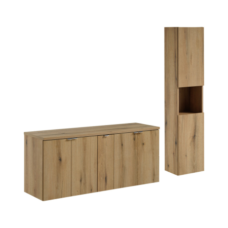 Promotii - Set Mobilier Baie Nova Oak 140 cm, cu Blat, și Dulap Înalt, Stejar - COMAD