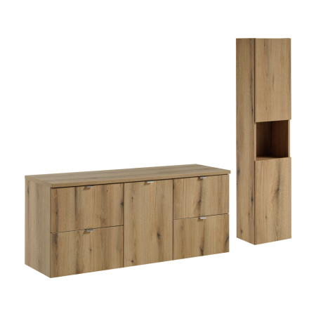 Seturi mobilier baie - Set Mobilier Baie Nova Oak 140 cm, cu Blat și Dulap Înalt, Stejar Coast Evoke - COMAD