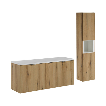 Promotii - Set Mobilier Nova Oak 140 cm, cu Blat și Dulap Înalt, Alb Mat, Stejar Coast Evoke - COMAD