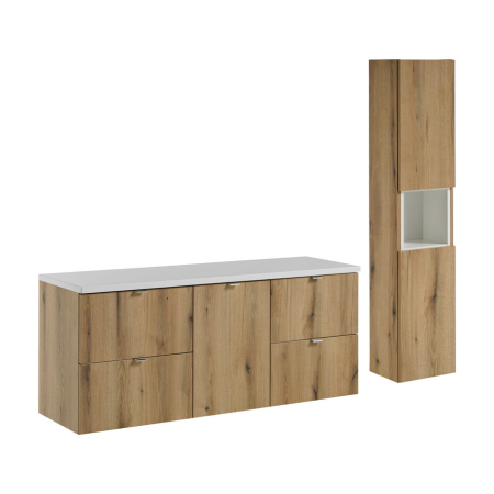 Promotii - Set Mobilier Nova Oak 140 cm, cu Blat și Dulap Înalt, Alb Mat, Stejar Coast Evoke - COMAD