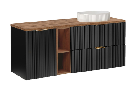 Promotii - Set Mobilier Baie Adel Black 140 cm, cu blat și lavoar pe blat Beyond, Stejar Wotan, Negru Mat - COMAD