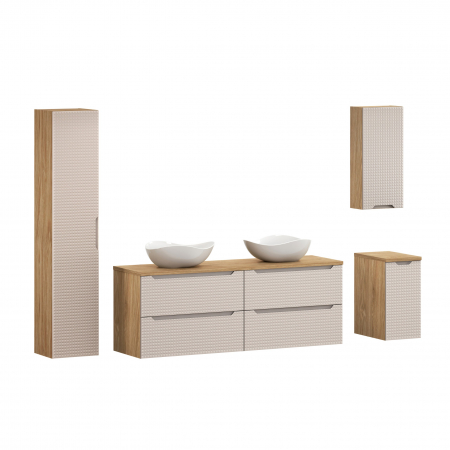 Seturi mobilier baie - Set mobilier baie 160cm cu blat, 2 lavoare Cloud și un dulap înalt Luxor Beige