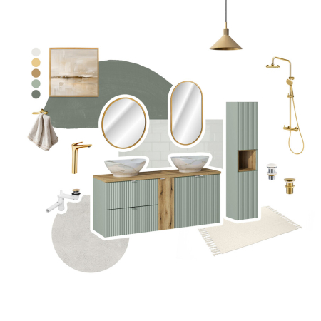 Set Mobilier Baie Line Reed Green 80 cm, cu Blat și Lavoar pe Blat, Mânere Argintii, Verde Trestie - COMAD [3]