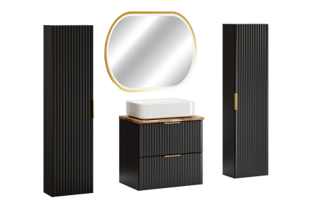 Seturi mobilier baie - Set Mobilier Baie Adel Black 60 cm, cu lavoar pe blat Magic, oglindă LED, Negru Mat - COMAD