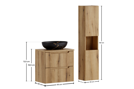 Set Mobilier Nova Coast Evoke 60 cm, cu blat, lavoar Mona, dulap înalt, Stejar - COMAD [2]