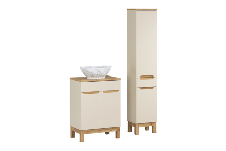 Produse - Set mobilier 60 cm cu blat, lavoar pe blat Pati, dulap înalt și dulap cu oglindă Bali Cashmere COMAD SET-BAC B WOTAN 60CM UN PATI HC MC