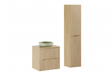 Seturi mobilier baie - Set mobilier baie 60 cm, finisaj Nordic Cremona, cu blat si lavoar pe blat baie River, cu dulap inalt baie COMAD