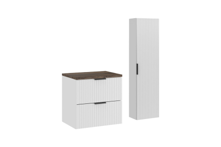 Promotii - Set Mobilier Baie Adel White 60 cm, cu Blat și Coloană Înaltă, Alb Mat, Stejar Santa Fe Vintage - COMAD