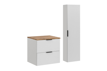 Promotii - Set Mobilier Baie Adel White 60 cm, cu blat și dulap înalt, Alb Mat, Stejar Wotan - COMAD