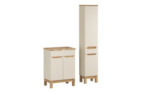 Promotii - Set Mobilier Baie Bali Cashmere 60 cm, cu Blat și Dulap Înalt, Cașmir Mat - COMAD