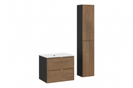 Seturi mobilier baie - Set mobilier baie 60 cm, negru mat si stejar Casella, cu lavoar mobilier SKY si coloane partiale baie Talia Casella, COMAD