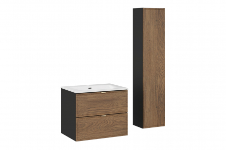 Seturi mobilier baie - Set mobilier baie 60 cm, cu lavoar de mobilier SKY si dulap inalt Talia Casella, finisaj negru mat/stejar Casella, COMAD