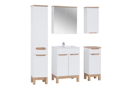 Promotii - Set Mobilier Baie Bali White 60 cm, cu Lavoar, Coloană Înaltă și Oglindă, Alb - COMAD
