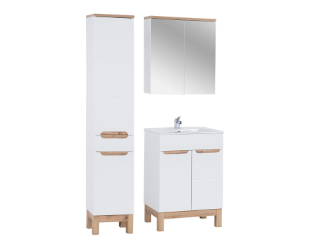 Promotii - Set Mobilier Baie Bali White 60 cm, cu Lavoar, Coloana Înaltă și Dulap cu Oglindă, Alb - COMAD