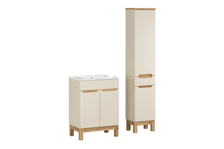 Promotii - Set Mobilier Baie Bali Cashmere 60 cm, cu Lavoar și Dulap Înalt, Cașmir Mat - COMAD