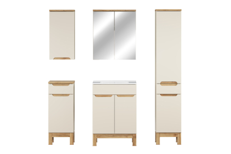 Set Mobilier Baie Bali Cashmere 60 cm, cu Lavoar, Dulap Înalt și Dulap cu Oglindă, Cașmir Mat - COMAD [1]
