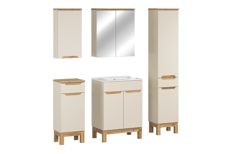 Promotii - Set Mobilier Baie Bali Cashmere 60 cm, cu Lavoar, Dulap Înalt și Dulap cu Oglindă, Cașmir Mat - COMAD
