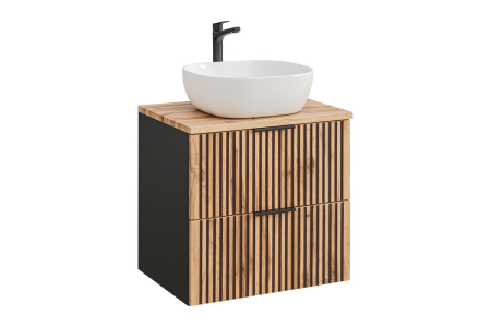 Produse - Set Mobilier Baie Xilo 60 cm, cu Lavoar pe Blat, Stejar Wotan, Gri Piatră - COMAD
