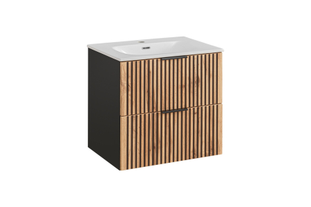 Produse - Set Mobilier Baie Xilo 60 cm, cu Lavoar, Stejar Wotan, Gri Piatră - COMAD
