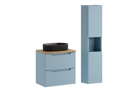 Promotii - Set Mobilier Nova Denim 60 cm, cu Blat, Lavoar pe Blat Beyond și Coloană de Baie, Denim - COMAD