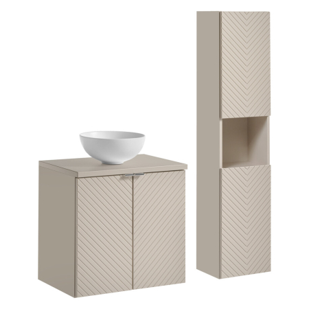 Produse - Set Mobilier Baie Viva Cashmere 60 cm, cu blat, lavoar pe blat Domi și Coloană Înaltă, Cașmir Mat - COMAD