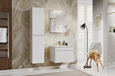 Promotii - Set Mobilier Baie Iconic White 60 cm, cu Blat, Lavoar pe Blat, Coloană Înaltă și Oglindă, Alb Mat - COMAD