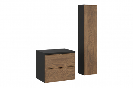 Seturi mobilier baie - Set mobilier baie 60 cm, negru mat, stejar Casella, cu blat si dulap inalt, Talia Casella COMAD