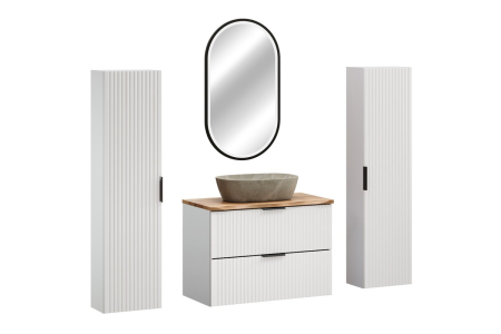 Promotii - Set Mobilier Baie Adel White 80 cm, cu blat, lavoar pe blat Anna, coloană și oglindă, Alb Mat - COMAD
