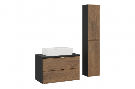 Seturi mobilier baie - Set mobilier baie 80 cm, negru mat, stejar Casella, cu blat, lavoar pe blat Trust si coloane partiale Talia Casella, COMAD